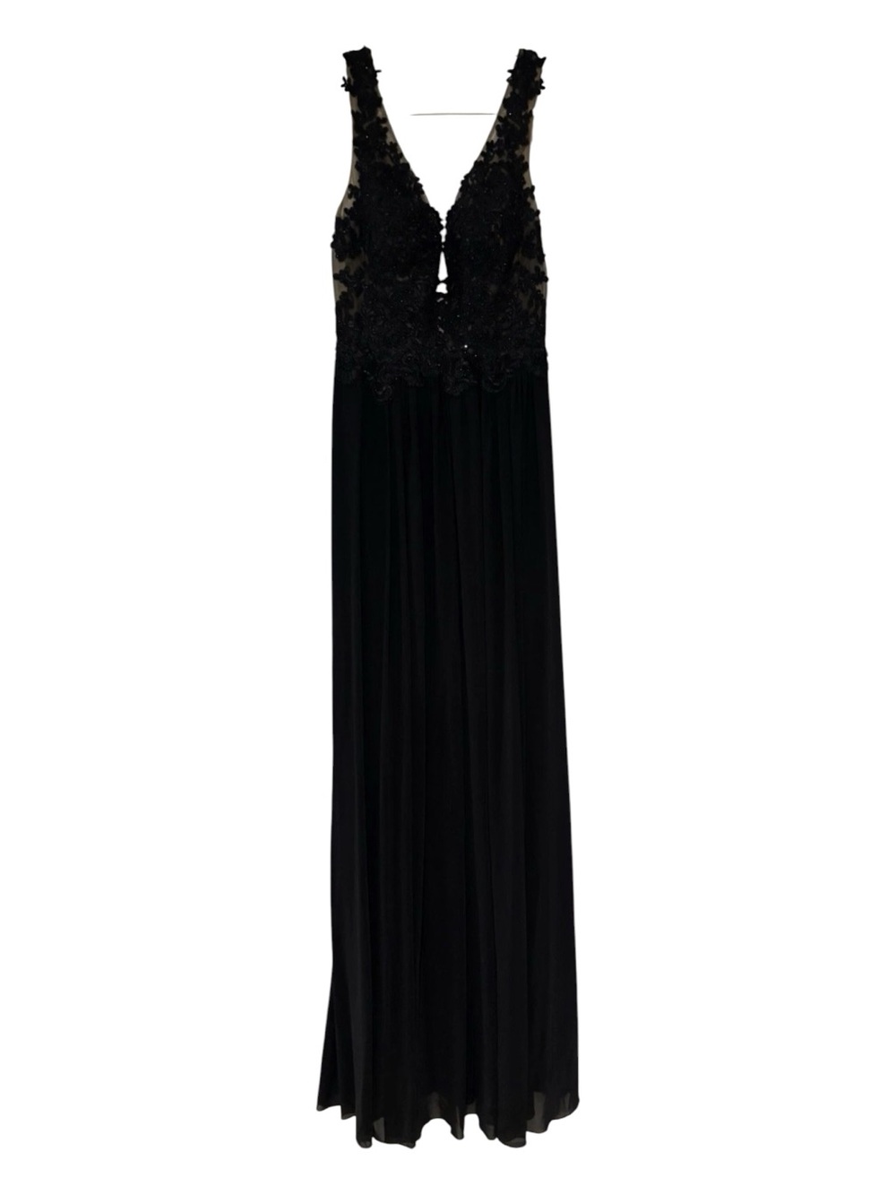 Sherri Hill Black V-Neck Lace Applique Maxi Dress